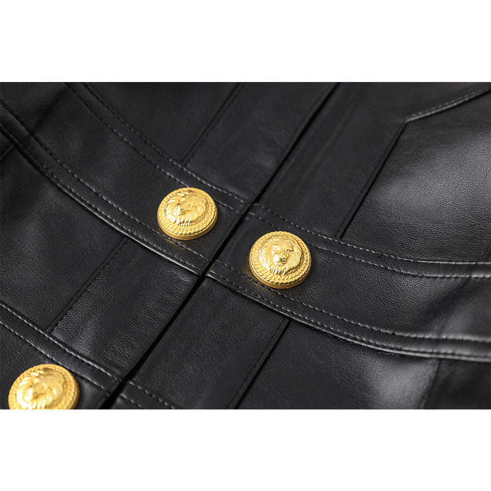 Women's Cropped Faux Leather Jacket- Gold Button Street Style Blazer