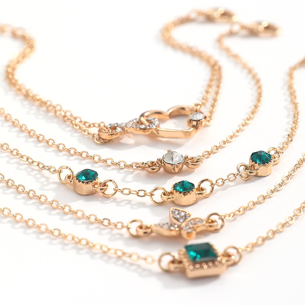 Set de 5 Pulseras Bohemias con Cristales Verdes- Accesorios de Moda para Mujer