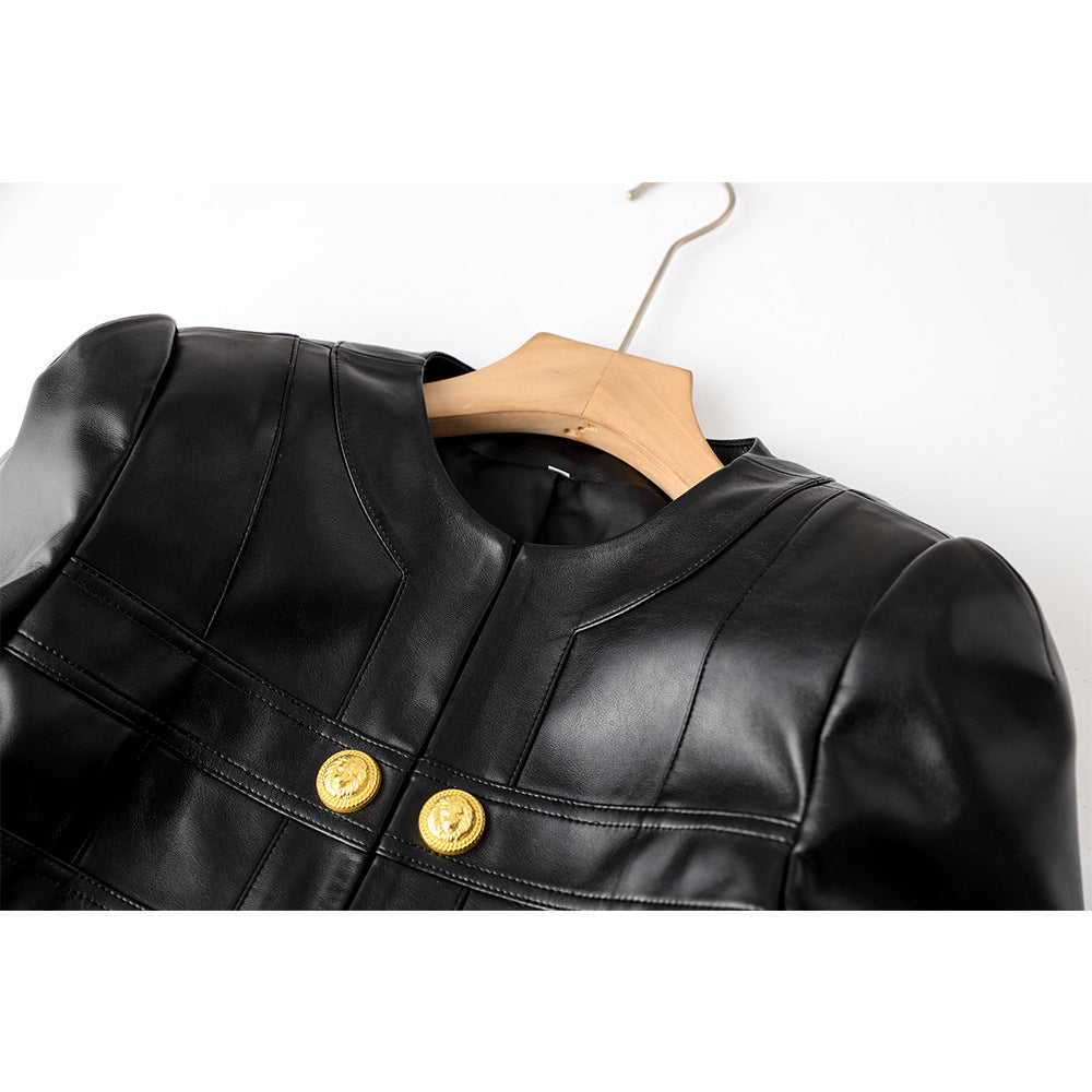 Women's Cropped Faux Leather Jacket- Gold Button Street Style Blazer