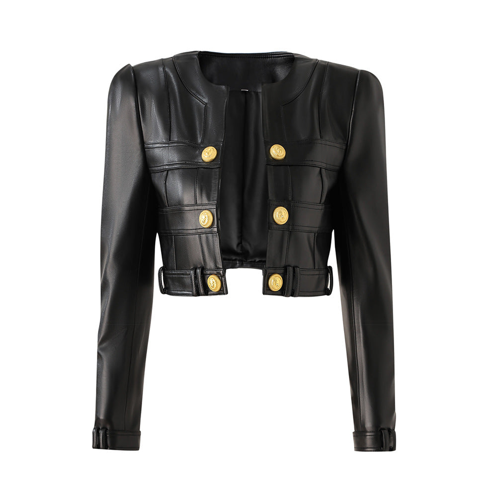 Women's Cropped Faux Leather Jacket- Gold Button Street Style Blazer